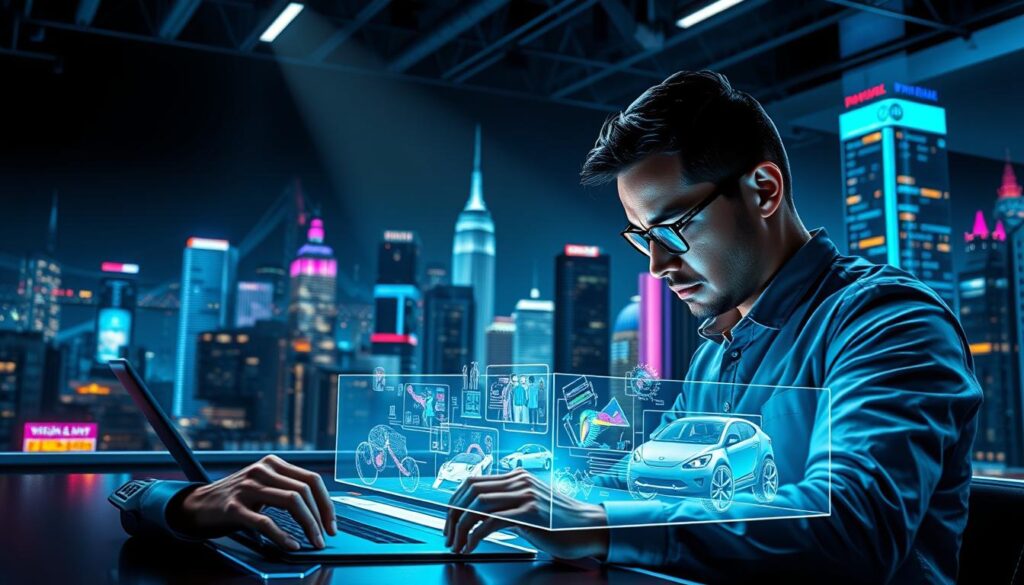 A dynamic and sophisticated digital tableau depicting "Prompt Engineering for Marketing". In the foreground, a skilled marketer intently crafts a prompt on a sleek, futuristic interface, their expression focused and determined. The middle ground showcases a holographic display of AI-generated visual concepts, each one a vibrant, inspiring manifestation of the prompt. In the background, a stylized cityscape pulses with neon lights and digital energy, representing the cutting-edge world of digital marketing. Dramatic overhead lighting casts dramatic shadows, creating a sense of depth and drama. The overall mood is one of innovation, technological prowess, and the boundless creative potential of prompt engineering. A dynamic and sophisticated digital tableau depicting "Prompt Engineering for Marketing". In the foreground, a skilled marketer intently crafts a prompt on a sleek, futuristic interface, their expression focused and determined. The middle ground showcases a holographic display of AI-generated visual concepts, each one a vibrant, inspiring manifestation of the prompt. In the background, a stylized cityscape pulses with neon lights and digital energy, representing the cutting-edge world of digital marketing. Dramatic overhead lighting casts dramatic shadows, creating a sense of depth and drama. The overall mood is one of innovation, technological prowess, and the boundless creative potential of prompt engineering.