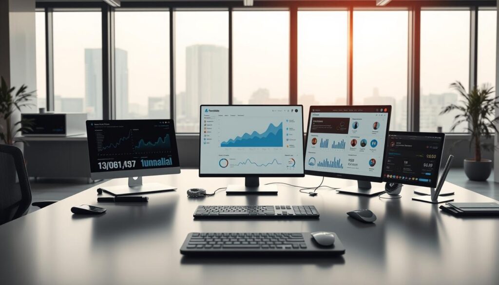 A high-tech office scene with a prominent desk showcasing various AI marketing tools. On the desk, there are sleek devices like a virtual assistant, a data analytics dashboard, and a social media management platform. The background features a modern, minimalist interior with large windows, allowing natural light to flood the space. The overall mood is one of efficiency, innovation, and the seamless integration of AI technology into digital marketing workflows. The image should convey a sense of the future of AI-powered marketing tools and their transformative potential. A high-tech office scene with a prominent desk showcasing various AI marketing tools. On the desk, there are sleek devices like a virtual assistant, a data analytics dashboard, and a social media management platform. The background features a modern, minimalist interior with large windows, allowing natural light to flood the space. The overall mood is one of efficiency, innovation, and the seamless integration of AI technology into digital marketing workflows. The image should convey a sense of the future of AI-powered marketing tools and their transformative potential.