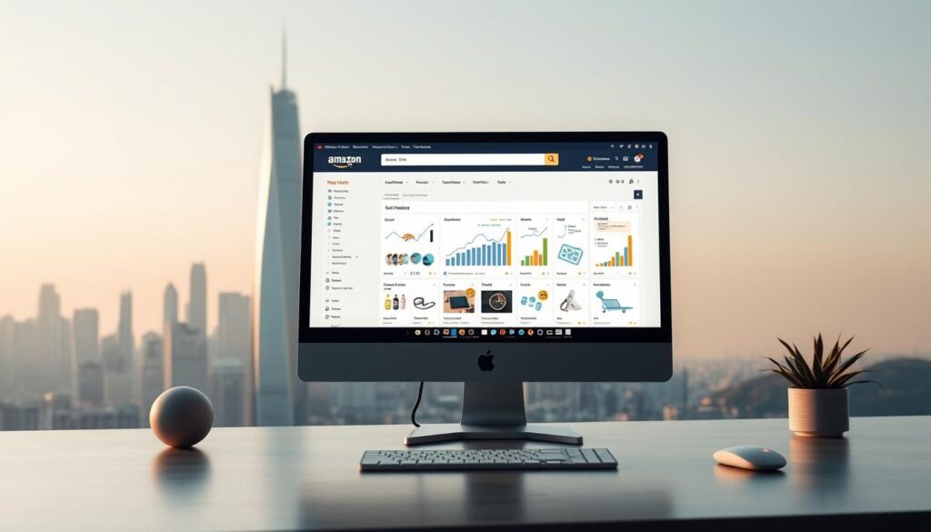 A modern, minimalist landscape showcasing the Amazon Affiliate SEO strategies. In the foreground, a desktop computer screen displays a search engine optimization dashboard, with graphs and analytics highlighting key performance metrics. In the middle ground, a stylized Amazon product grid takes center stage, showcasing a diverse range of products. The background features a sleek, futuristic cityscape, hinting at the global reach and scale of the Amazon affiliate program. The lighting is soft and warm, creating a sense of professionalism and authority. The camera angle is slightly elevated, providing an overview of the scene and emphasizing the interconnected nature of the Amazon affiliate SEO strategies. A modern, minimalist landscape showcasing the Amazon Affiliate SEO strategies. In the foreground, a desktop computer screen displays a search engine optimization dashboard, with graphs and analytics highlighting key performance metrics. In the middle ground, a stylized Amazon product grid takes center stage, showcasing a diverse range of products. The background features a sleek, futuristic cityscape, hinting at the global reach and scale of the Amazon affiliate program. The lighting is soft and warm, creating a sense of professionalism and authority. The camera angle is slightly elevated, providing an overview of the scene and emphasizing the interconnected nature of the Amazon affiliate SEO strategies.