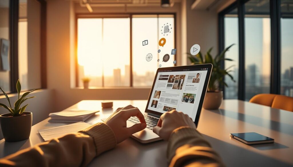 A modern office scene with a laptop, papers, and a strategically placed plant, illuminated by warm, natural lighting from a large window. In the foreground, a person's hands are actively repurposing content on the laptop screen, with various icons and digital elements floating around. The middle ground features a clean, minimalist desk setup, while the background showcases a cityscape view, hinting at the broader context of the content repurposing strategy. A modern office scene with a laptop, papers, and a strategically placed plant, illuminated by warm, natural lighting from a large window. In the foreground, a person's hands are actively repurposing content on the laptop screen, with various icons and digital elements floating around. The middle ground features a clean, minimalist desk setup, while the background showcases a cityscape view, hinting at the broader context of the content repurposing strategy.