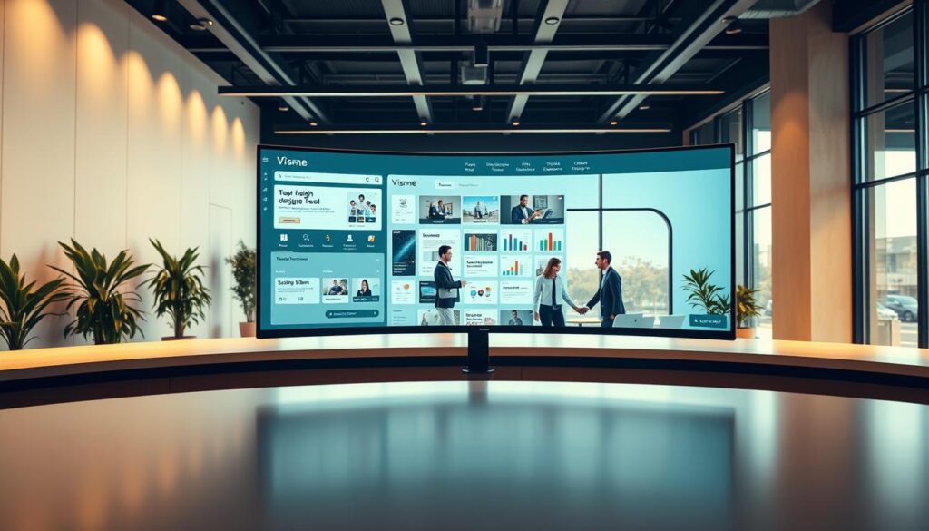 A sleek, modern office workspace with a large, curved desk in the foreground. On the desk, a high-resolution display showcases the Visme design tool interface, its intuitive user experience, and an array of customizable templates. The middle ground features a team of business professionals collaborating around the desk, with a large window in the background allowing natural light to flood the space. The lighting is warm and balanced, creating a sophisticated and productive atmosphere. The camera angle is slightly elevated, capturing the dynamic energy of the workspace. The overall composition emphasizes Visme's all-in-one design capabilities, tailored for the needs of modern businesses. A sleek, modern office workspace with a large, curved desk in the foreground. On the desk, a high-resolution display showcases the Visme design tool interface, its intuitive user experience, and an array of customizable templates. The middle ground features a team of business professionals collaborating around the desk, with a large window in the background allowing natural light to flood the space. The lighting is warm and balanced, creating a sophisticated and productive atmosphere. The camera angle is slightly elevated, capturing the dynamic energy of the workspace. The overall composition emphasizes Visme's all-in-one design capabilities, tailored for the needs of modern businesses.