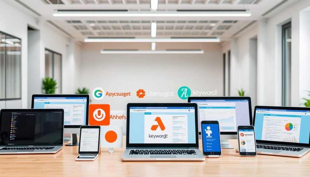 A vibrant and dynamic image showcasing a variety of free keyword research tools. In the foreground, an array of digital devices such as laptops, tablets, and smartphones, each displaying different keyword analysis interfaces. The middle ground features various software logos and icons representing popular free tools, like Google Keyword Planner, Ubersuggest, and Ahrefs Keyword Explorer, neatly arranged. The background depicts a sleek, minimalist office setting with clean lines, neutral tones, and ample lighting, creating a professional and productive atmosphere. The overall composition conveys the idea of powerful, accessible, and user-friendly keyword research solutions available at no cost. A vibrant and dynamic image showcasing a variety of free keyword research tools. In the foreground, an array of digital devices such as laptops, tablets, and smartphones, each displaying different keyword analysis interfaces. The middle ground features various software logos and icons representing popular free tools, like Google Keyword Planner, Ubersuggest, and Ahrefs Keyword Explorer, neatly arranged. The background depicts a sleek, minimalist office setting with clean lines, neutral tones, and ample lighting, creating a professional and productive atmosphere. The overall composition conveys the idea of powerful, accessible, and user-friendly keyword research solutions available at no cost.
