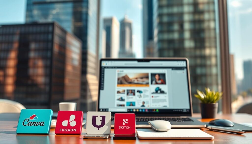A vibrant and modern digital workspace. In the foreground, a variety of design tools and software icons are neatly arranged, including Canva, Adobe Creative Cloud, Figma, and Sketch. The middle ground features a sleek laptop with an open design interface, surrounded by a minimalist workspace with a mouse, stylus, and other essential accessories. The background showcases a blurred cityscape with tall glass buildings, conveying a sense of a dynamic, tech-savvy urban environment. The overall scene is illuminated by a warm, natural lighting that casts subtle shadows, creating depth and a professional, polished atmosphere. A vibrant and modern digital workspace. In the foreground, a variety of design tools and software icons are neatly arranged, including Canva, Adobe Creative Cloud, Figma, and Sketch. The middle ground features a sleek laptop with an open design interface, surrounded by a minimalist workspace with a mouse, stylus, and other essential accessories. The background showcases a blurred cityscape with tall glass buildings, conveying a sense of a dynamic, tech-savvy urban environment. The overall scene is illuminated by a warm, natural lighting that casts subtle shadows, creating depth and a professional, polished atmosphere.