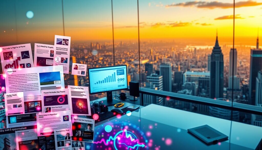 A vibrant, visually striking image showcasing the benefits of content repurposing for SEO. In the foreground, a dynamic collage of various content formats - blog posts, social media graphics, videos, and infographics - each glowing with an ethereal, iridescent aura. The middle ground features a sleek, modern workspace with multiple screens displaying analytics and performance metrics, highlighting the increased visibility and engagement that repurposed content can drive. The background depicts a sprawling cityscape, symbolic of the wide-reaching impact of effective content repurposing strategies. The scene is bathed in a warm, golden light, creating a sense of productivity, efficiency, and strategic advantage. The overall composition conveys the power of repurposing content to maximize SEO impact and drive business growth. A vibrant, visually striking image showcasing the benefits of content repurposing for SEO. In the foreground, a dynamic collage of various content formats - blog posts, social media graphics, videos, and infographics - each glowing with an ethereal, iridescent aura. The middle ground features a sleek, modern workspace with multiple screens displaying analytics and performance metrics, highlighting the increased visibility and engagement that repurposed content can drive. The background depicts a sprawling cityscape, symbolic of the wide-reaching impact of effective content repurposing strategies. The scene is bathed in a warm, golden light, creating a sense of productivity, efficiency, and strategic advantage. The overall composition conveys the power of repurposing content to maximize SEO impact and drive business growth.