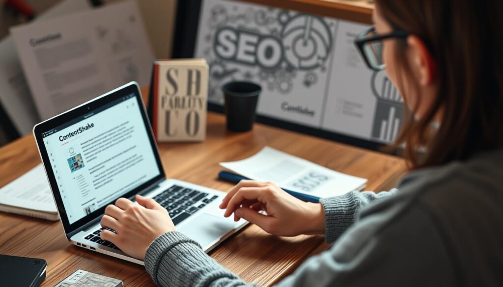 Generate an image of a content creator using ContentShake AI to optimize their blog post for SEO. Generate an image of a content creator using ContentShake AI to optimize their blog post for SEO.