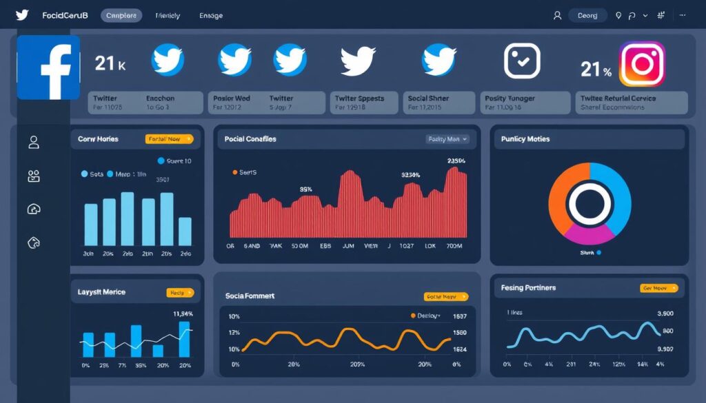 Generate an image of a social media dashboard with various platforms like Facebook, Twitter, and Instagram, all showing positive engagement metrics. Generate an image of a social media dashboard with various platforms like Facebook, Twitter, and Instagram, all showing positive engagement metrics.