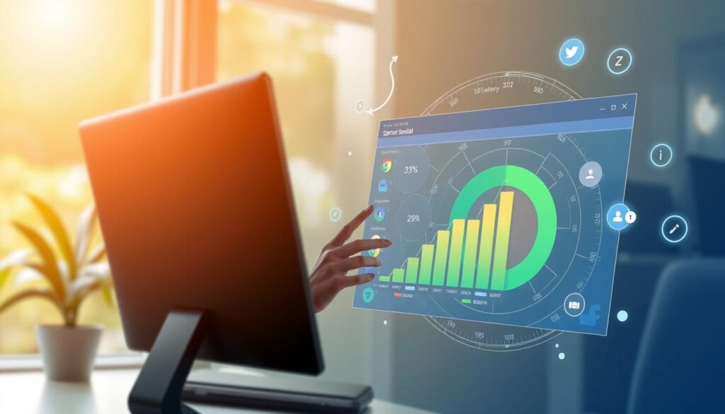 Generate an image of a social media manager using Sprout Social's AI capabilities to analyze audience engagement. Generate an image of a social media manager using Sprout Social's AI capabilities to analyze audience engagement.